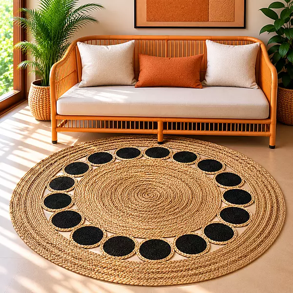 Rug Jute Rnd.4 Ft Naturl, Blck Rnds