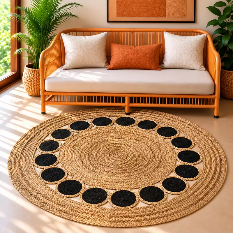 Rug Jute Rnd.4 Ft Naturl, Blck Rnds